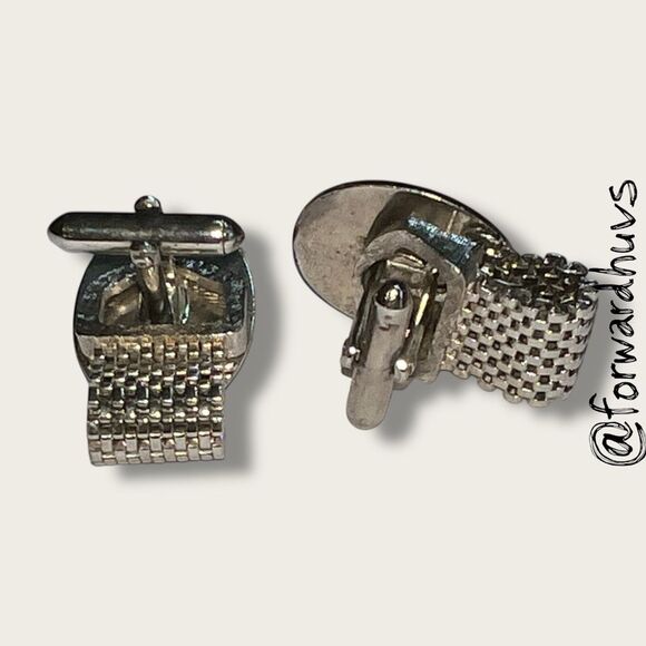 Vintage Silver-Tone Mesh Cufflinks – Faceted Blue Glass Stones - Picture 5 of 9